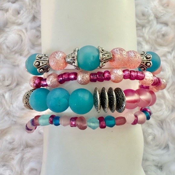 Pink and Blue Beaded Bracelet Set - Picture 2 of 4